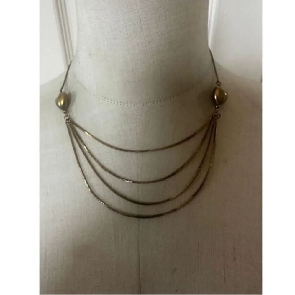 Vintage Gold-Tone Layered Herringbone Necklace w/ Puffy Heart Stations